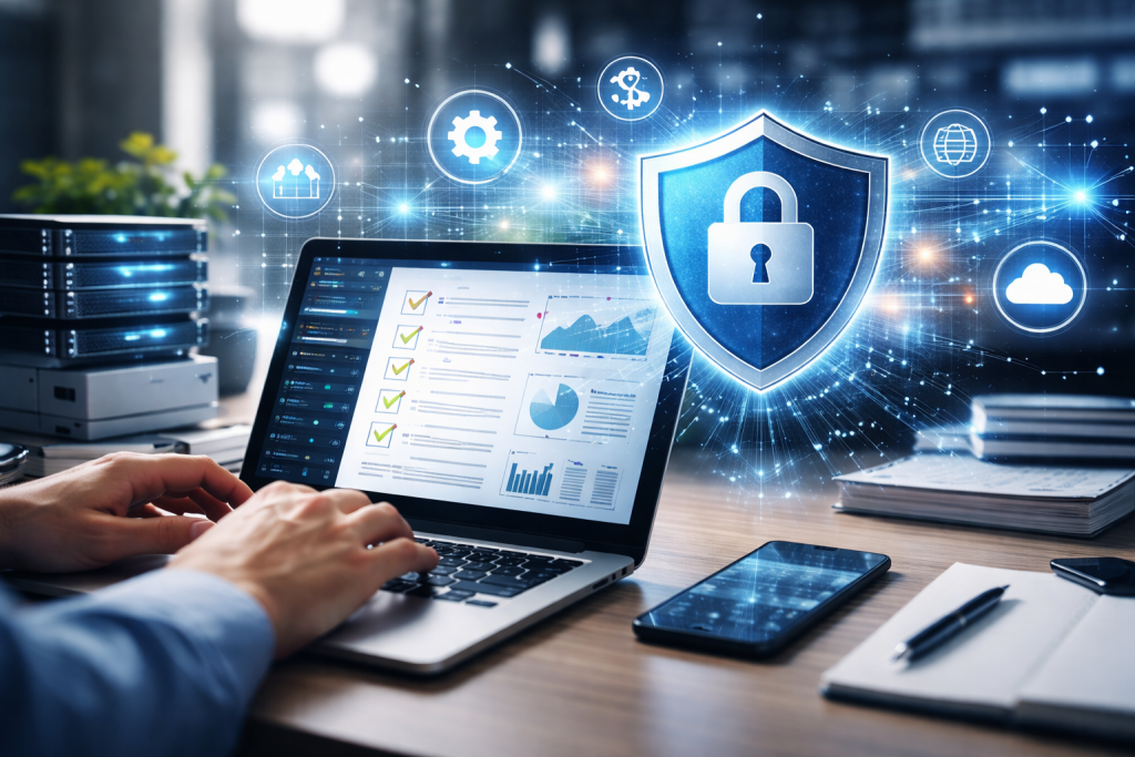 Futuristische Darstellung eines Rechenzentrums mit vernetztem Behördengebäude und Datenströmen als Symbol für Echtzeit-Meldesysteme.