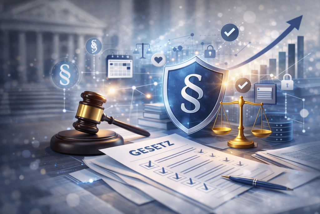Symbolisches Bild mit Gesetzestext, Richterhammer, Waage und digitalem Schutzschild als Darstellung steigender gesetzlicher Anforderungen im Bereich E-Rechnung.