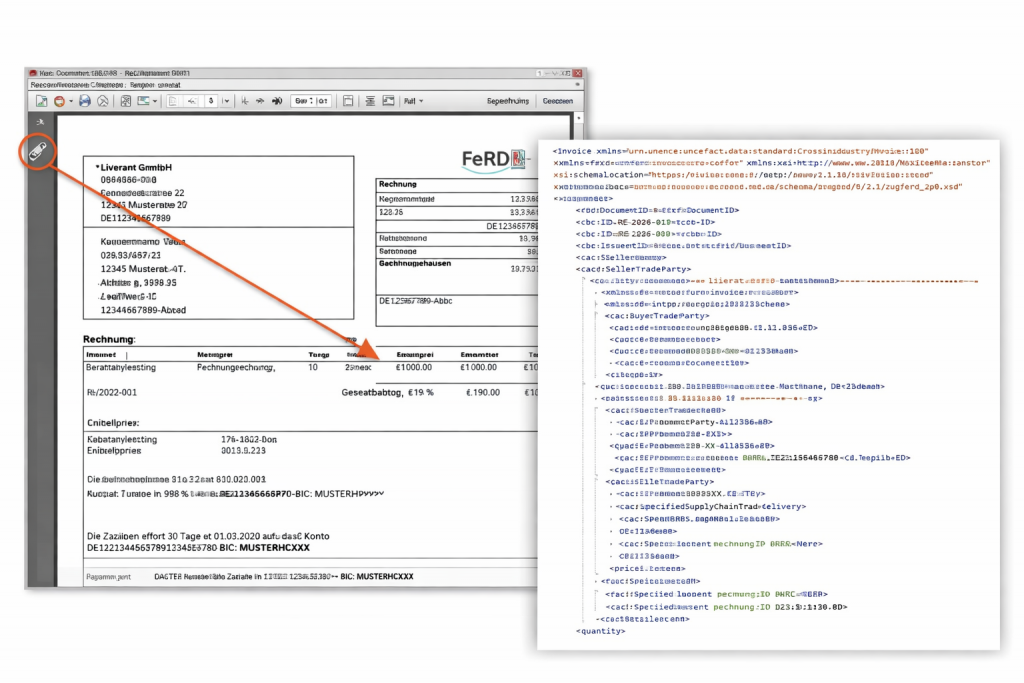 Darstellung einer Papierrechnung, die in eine elektronische Rechnung im ZUGFeRD-Format überführt wird.