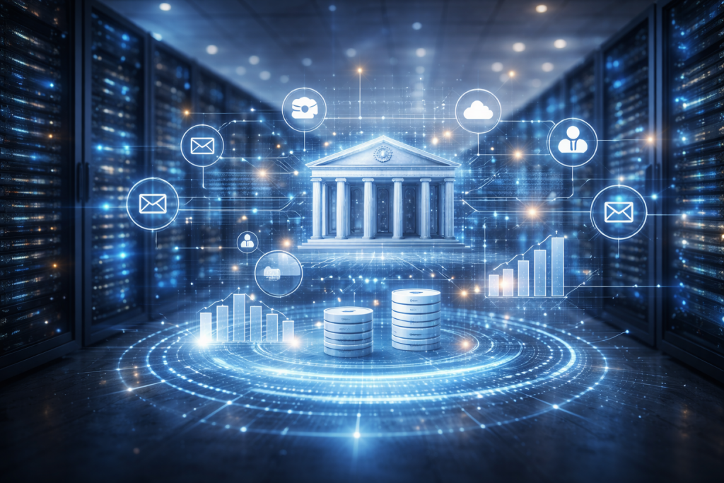 Eine Person arbeitet am Laptop mit digitalem Dashboard und Schutzsymbol, das sichere und automatisierte Abläufe darstellt.