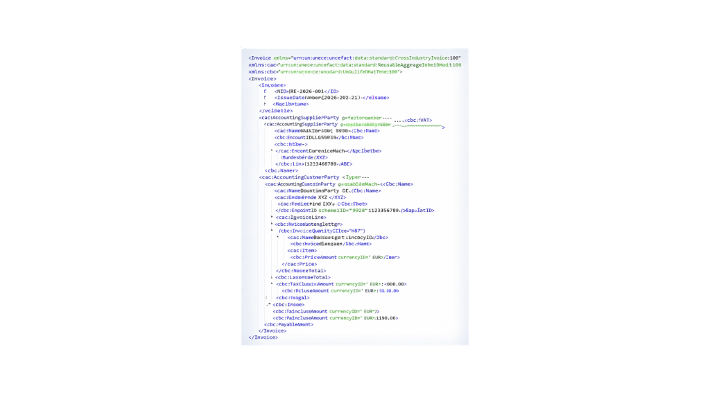 XML-Darstellung einer XRechnung mit strukturierten Rechnungsdaten wie Rechnungsnummer, Datum, Absender, Empfänger und Beträgen.