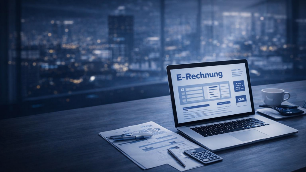 Laptop mit E-Rechnung auf dem Bildschirm auf modernem Schreibtisch